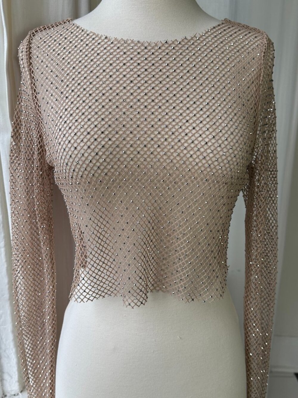 Women’s Rhinestone Mesh Crop Top Nude Beige Sheer Long Sleeve Size S
